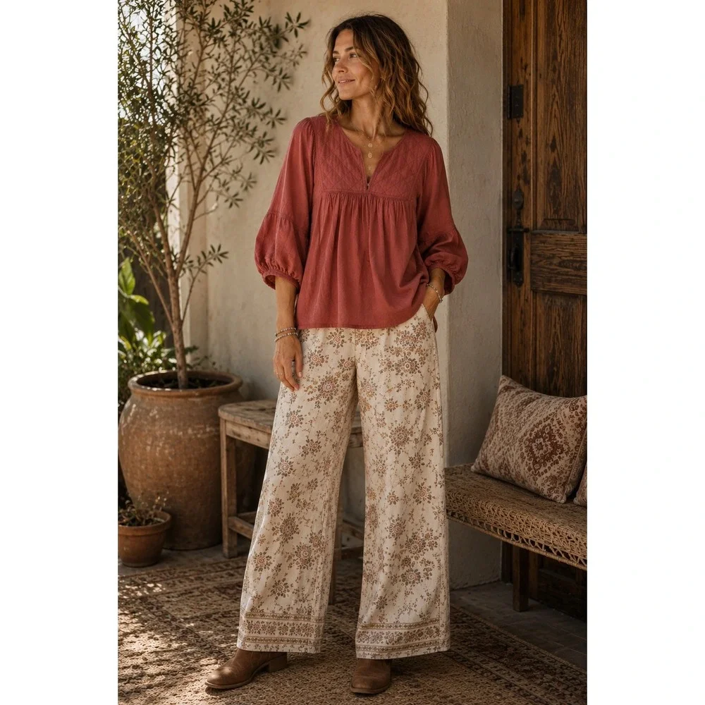 Old Navy Terracotta Red Quilted Yoke Peasant Puff Sleeve Blouse XL Tall